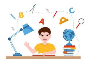 Boys are writing, kids doing homework, maths at home. Cartoon cute little boy in red shirt Siting on the desk. The concept of learning age. Vector illustrations isolated on white background.