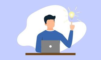 Man comes up with a job idea while working in front of a computer next to a bright light bulb. The concept of creating a new hair job is more interesting. vector