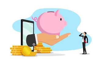 Holding a piggy bank sticking out of the phone and a businessman standing looking at a piggy bank The concept of collecting capital for the future through online transactions vector