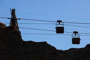 Silhouette of an old cable car and two trolleys for coal mining, at sunset, against a sky. Energy crisis concept. photo