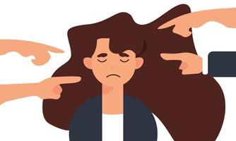 Victim women. Depressed girl in shame and hands with pointing finger. Guilty, ashamed female and blame in society vector concept. Woman frustrated, bullying employee illustration