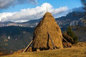 un encantador paisaje montañoso en las montañas bucegi, cárpatos, rumania. naturaleza otoñal en moeciu de sus, transilvania foto