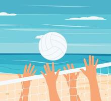 red de voleibol y pelota en la arena en el fondo de verano. estilo de vida activo en la playa con arena cerca del mar o del océano con cielo. cancha de voleibol de playa con un fondo marino. vector