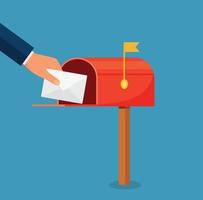 Human hand is taking out an envelope from a postbox. Flat vector illustration of mailbox and a hand holding sealed letter. Receiving a correspondence, postal, mail concept isolated on white background