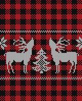 Ugly sweater at Buffalo Plaid Merry Christmas and Happy New Year greeting card frame border . illustration knitted background seamless pattern with folk style scandinavian ornaments. vector