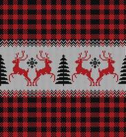 Ugly sweater at Buffalo Plaid Merry Christmas and Happy New Year greeting card frame border . illustration knitted background seamless pattern with folk style scandinavian ornaments. vector