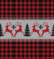 Ugly sweater at Buffalo Plaid Merry Christmas and Happy New Year greeting card frame border . illustration knitted background seamless pattern with folk style scandinavian ornaments. vector