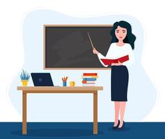 Female teacher in classroom. Smiling woman teacher standing by blackboard or chalkboard in the classroom. School and learning concept, teacher s day. vector