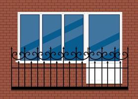 white plastic pvc window with door and balcony with black metal balcony rail, front view. isolated on a red brown brick wall background. Cartoon style flat design. vector