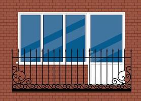 white plastic pvc window with door and balcony with black metal balcony rail, front view. isolated on a red brown brick wall background. Cartoon style flat design. vector