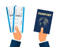 Boarding Pass and Passport in hands. travel concept. vector illustration in flat design, on blue background.