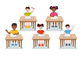 Primary school pupils sit at desk. Elementary education, children writing in copybook, raising hand to answer. Kids getting knowledge on lesson in class. Learning process vector illustration