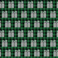 Ugly sweater at Buffalo Plaid Merry Christmas and Happy New Year greeting card frame border . illustration knitted background seamless pattern with folk style scandinavian ornaments. vector