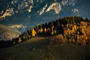 un encantador paisaje montañoso en las montañas bucegi, cárpatos, rumania. naturaleza otoñal en moeciu de sus, transilvania foto