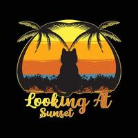 Cat looking at sunset t shirt and sticker design vector