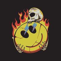 diseño de camiseta y pegatina de fuego de emoticono de sonrisa falsa de calavera vector