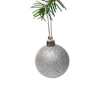 silver christmas ball is hanging on christmas tree isolated on white background. photo