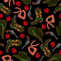 Vector seamless pattern with cowboy hats, boots, bandanas, guns and roses on black background.