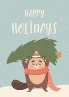 Happy Christmas greeting card with cute cartoon beaver character vector