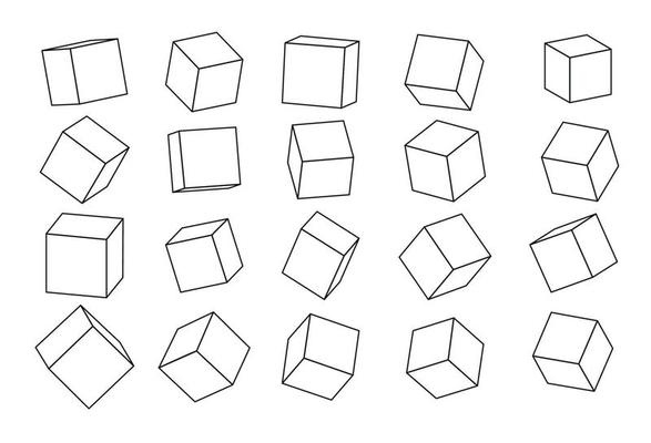 A set of cube icons with a perspective 3d cube model with a shadow. Vector illustration. Isolated on a transparent background