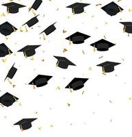 Graduation. Transparent background with realistic flying black degree caps confetti balloons and diplomas. Vector image school and university education banner with gold glitter on white background