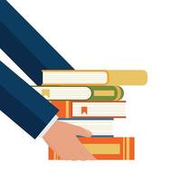 Big human hand holds stack of three books. Concept of donation, education and learning. Vector illustration of World Book Day