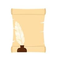 Roll of old paper and feather in the inkwell. Vector illustration, isolated on white background.