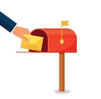 Human hand is taking out an envelope from a postbox. Flat vector illustration of mailbox and a hand holding sealed letter. Receiving a correspondence, postal, mail concept isolated on white background