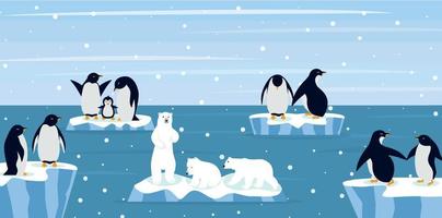 hermoso panorama con glaciar ártico natural y con grupo de pingüinos. paisaje panorámico del mar del norte o las montañas nevadas del océano ártico. naturaleza congelada de la antártida vector