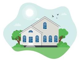 House facade. Small cottage, modern architecture. Idea of real estate. Front view of the building. Isolated flat illustration vector