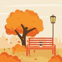 Autumn city park with bench and street lamp. Vector illustration of a flat style.