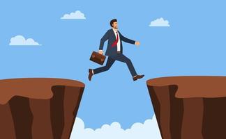 Businessman jump through the gap obstacles between hill success. Running and jump over cliffs. Business risk and success concept. Cartoon Vector Illustration.