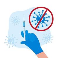 Hand in medical disposable gloves holding a syringe ready for injection vector illustration on white background