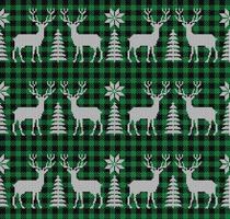Ugly sweater at Buffalo Plaid Merry Christmas and Happy New Year greeting card frame border . illustration knitted background seamless pattern with folk style scandinavian ornaments. vector