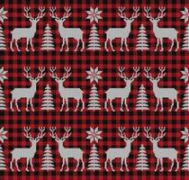 Ugly sweater at Buffalo Plaid Merry Christmas and Happy New Year greeting card frame border . illustration knitted background seamless pattern with folk style scandinavian ornaments. vector