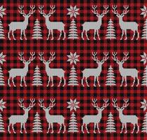 suéter feo en buffalo plaid feliz navidad y feliz año nuevo borde de marco de tarjeta de felicitación. ilustración de fondo de punto de patrones sin fisuras con adornos escandinavos de estilo popular. vector