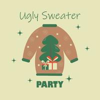 Christmas postcard with invitation on ugly sweater holiday party. Christmas  sweater with a cartoon Christmas tree and gifts and snowflakes. vector