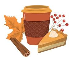 Autumn coffee cup with pumpkin pie, cinnamon stick, and autumn leaf clipart. Vector illustration. Fall season drink in a disposable cup. Autumn greeting card, postcard design.