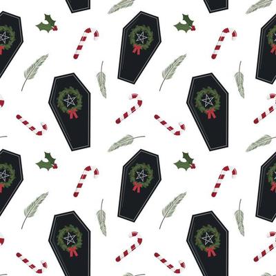 Creepy Christmas coffin with candy canes, holly berries and branches. Isolated on white background. Christmas and New Year digital paper design.
