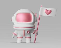 lindo astronauta con una bandera y un corazón 3d. ilustración vectorial en un estilo plástico moderno. una mujer espacial con un casco rosa. una tarjeta para el día de san valentín o el diseño de una boda vector