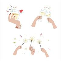 Set of hands holding glasses in Christmas party cartoon flat vector illustration isolated on white background. People enjoy celebration toast with champagne.