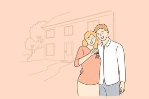 inmobiliaria, nuevo concepto de apartamento. jóvenes sonrientes personajes de dibujos animados de pareja feliz de pie sosteniendo las llaves de un nuevo hogar sintiéndose emocionados ilustración vectorial vector