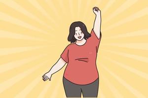 Body positive and acceptance concept. Happy smiling oversize woman cartoon character posing and dancing in feeling confident and positive vector illustration