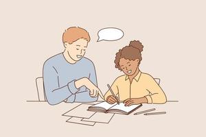Educational process, learning concept. Young Male Elementary School Teacher helping in learning to girl female pupil schoolgirl during lesson at school vector illustration