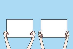 Copy space blank screen concept. Human hands holding screens with blank white spaces for text or advertisement vector illustration