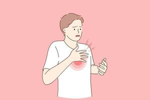 Breathing problem and coronavirus concept. .Sick man with chest pain touching inflammated zone suffering from pneumonia or asthma COVID-19 vector illustration