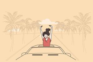 Vacation and enjoying traveling concept. Young relaxed woman cartoon character sitting in car and enjoying ride across sea side beach on paradise island vector illustration
