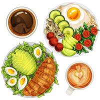 The set of dishes is bright with salad, egg, avocado and meat. Espresso and cappuccino in addition vector
