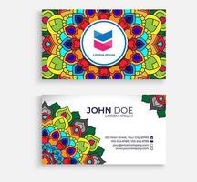 Embroidery style colorful mandala business card design. Bright floral ornamental elements, Indian, Asian, Arabic, Islamic, and ottoman motif. Vector illustration