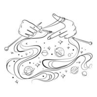 manos con agujas de tejer espacio de punto, planetas, estrellas, ilustración de vector de arte de línea de espacio exterior. idea creativa para emblema, logotipo, impresión, tatuaje. dibujo de boceto de ilustración fantástica abstracta